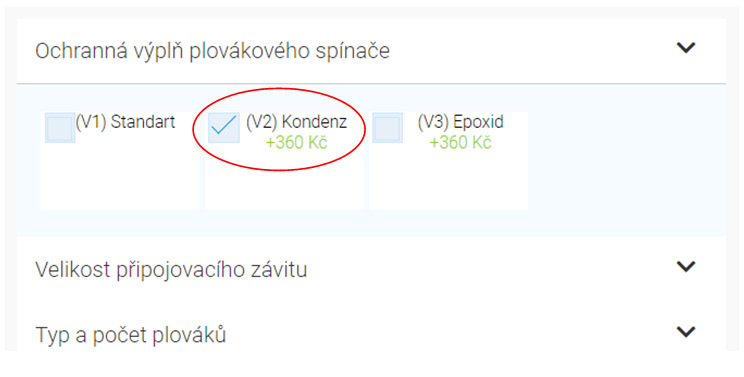 Políčko volby antikondenzační výplně plovákového spínače