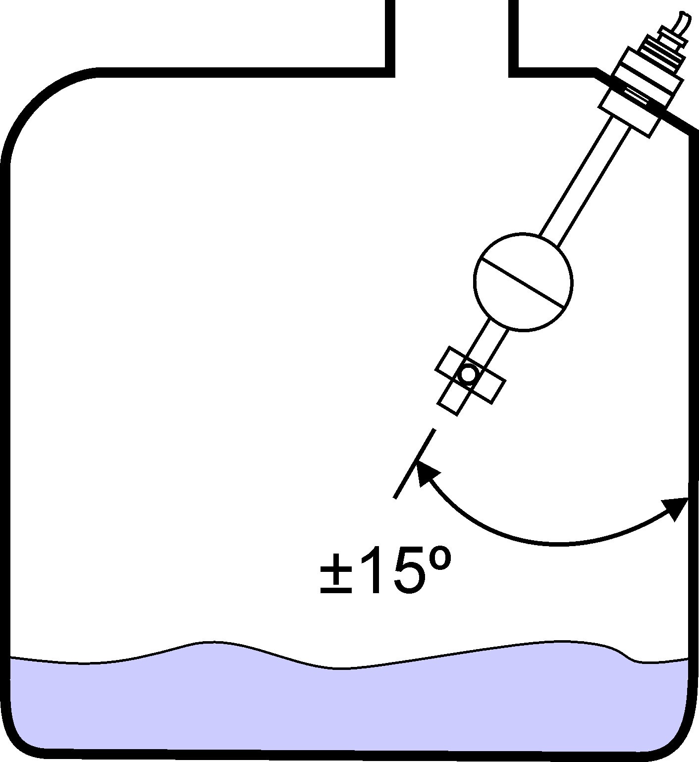 Plovákový spínač instalovaný na zásobníku pod úhlem 15°