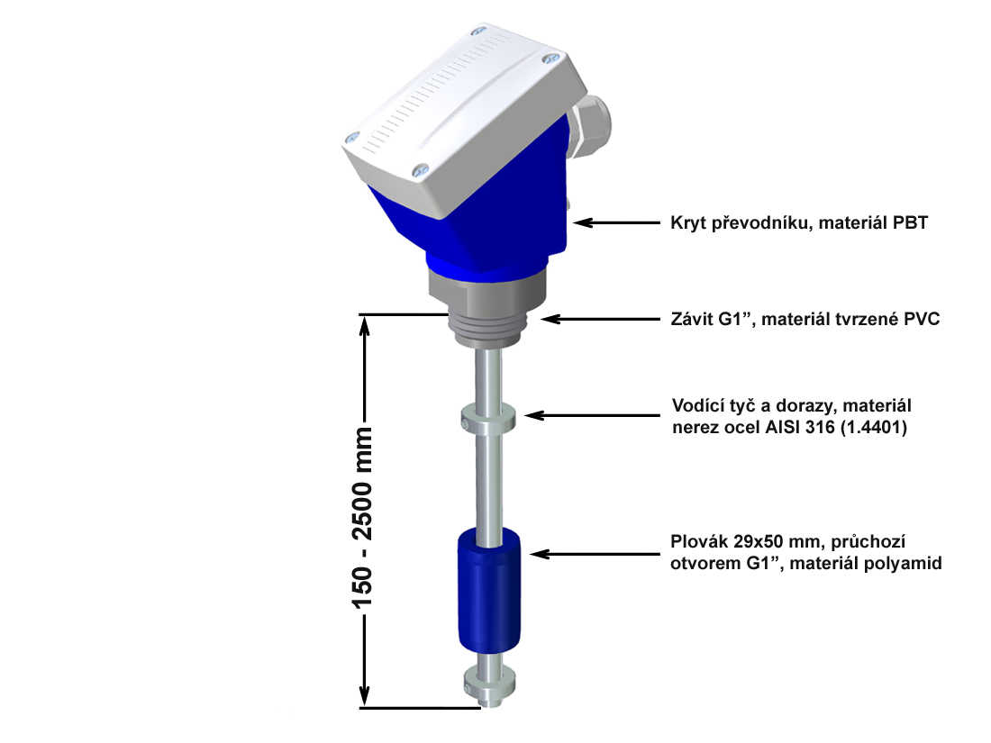 Plovákový hladinoměr s popisem použitých materiálů